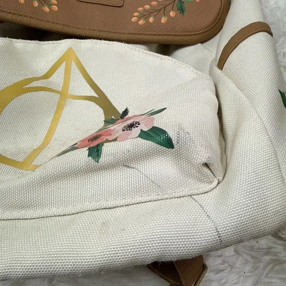 Loungefly Harry Potter Floral Deathly Hallows Slouch Backpack Cream Faux Leather - Picture 7 of 14